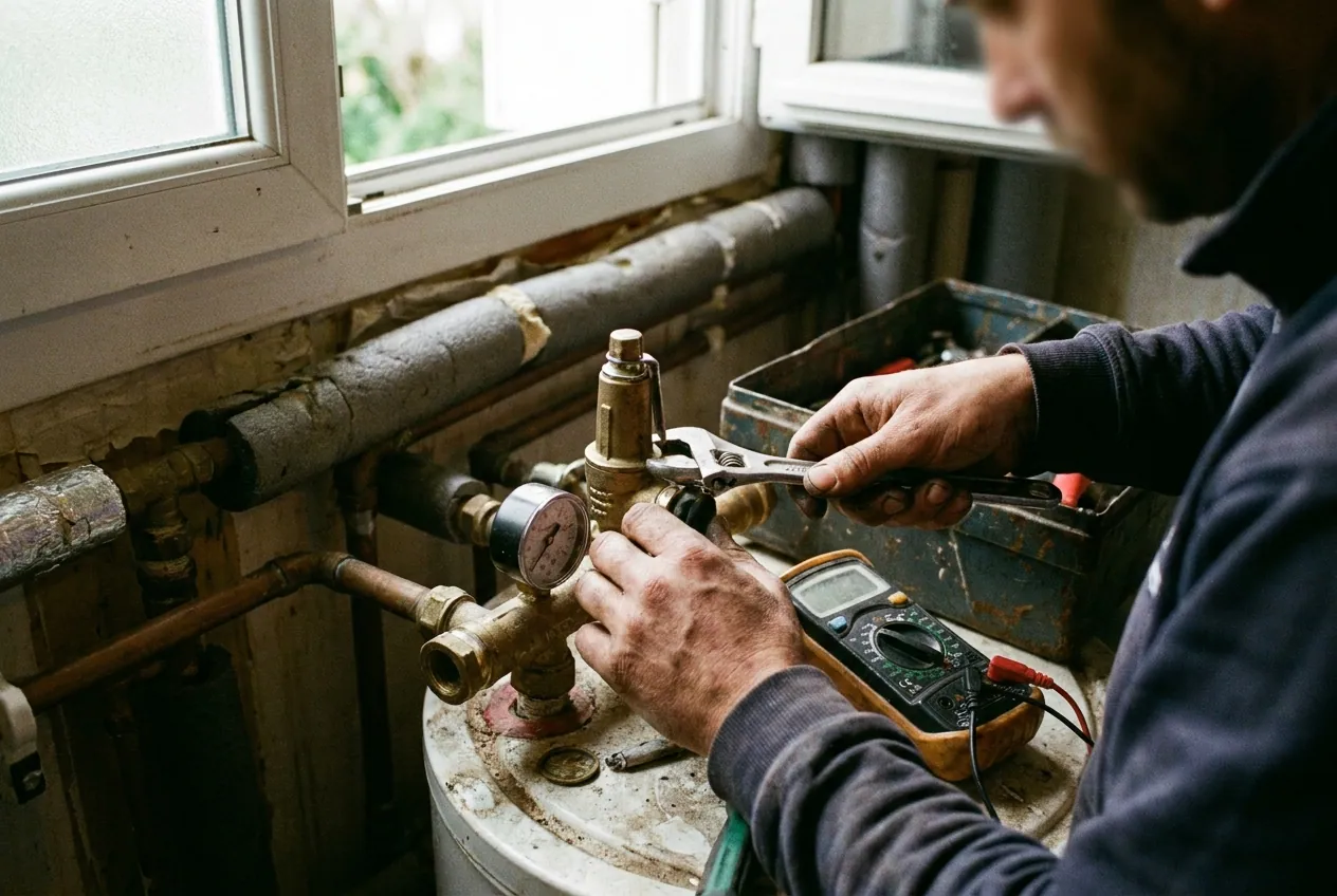 Plombier vérifiant un groupe de sécurité de chauffe-eau lors d'un entretien à Arpajon