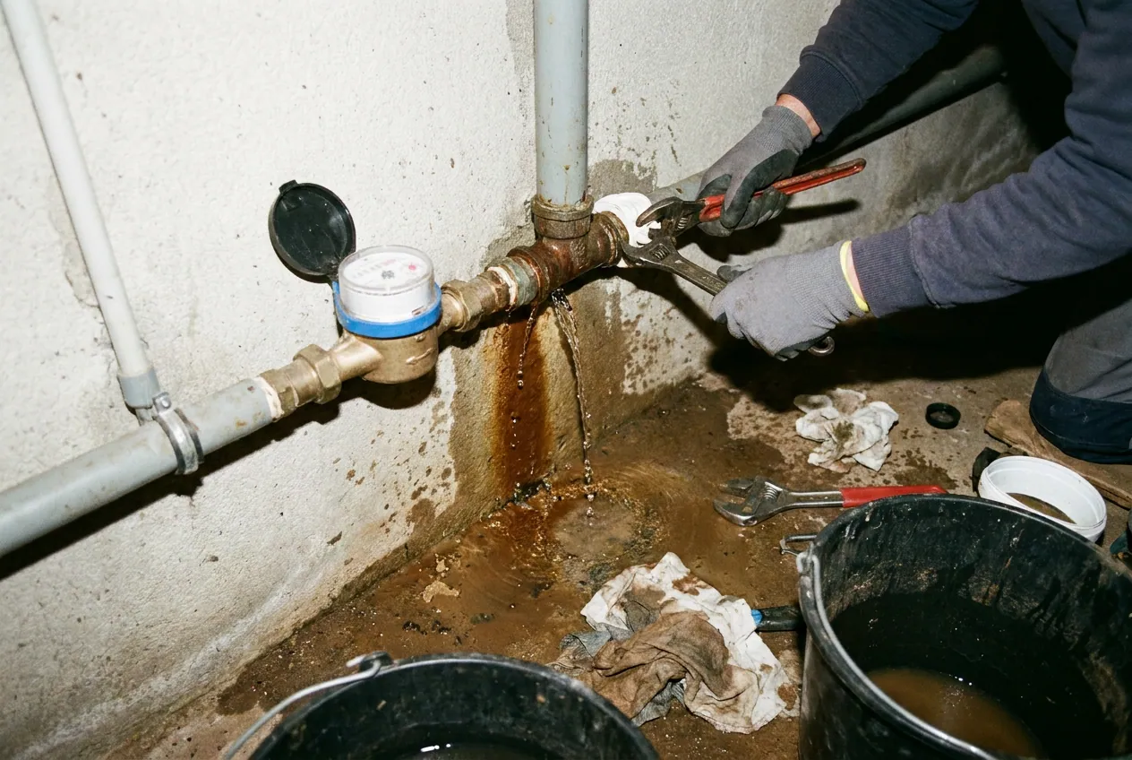 Compteur d'eau et canalisation dans un pavillon d'Arpajon avec trace de fuite