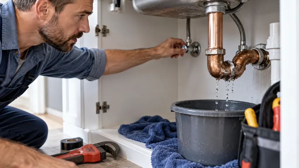 Plombier fermant l'arrivée d'eau sous un évier pendant qu'une bassine récupère l'eau d'un tuyau en cuivre qui fuit, dans un logement d'Arpajon